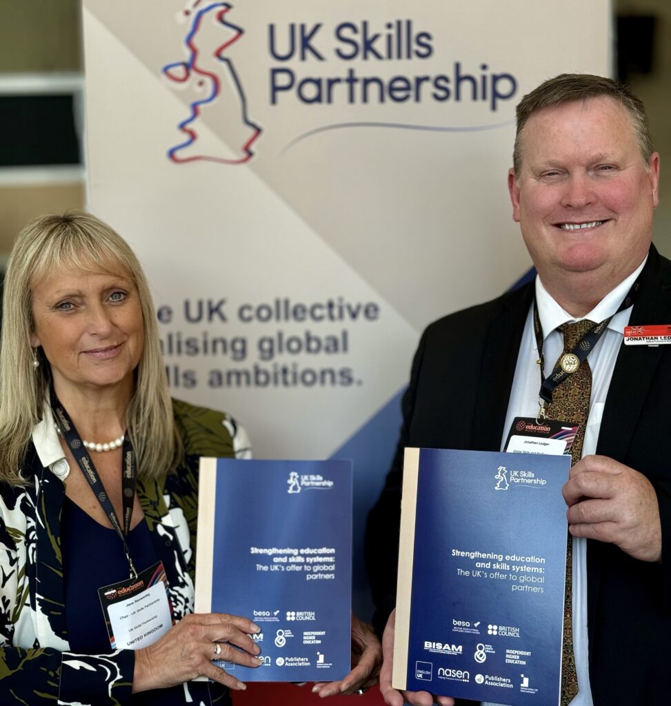 UK Skills Partnership Chair Jane Rexworthy and DBT' Skills Specialist launch the UK International Education and Skills offer Brochure at Education World Forum on Monday 20th May 2024.